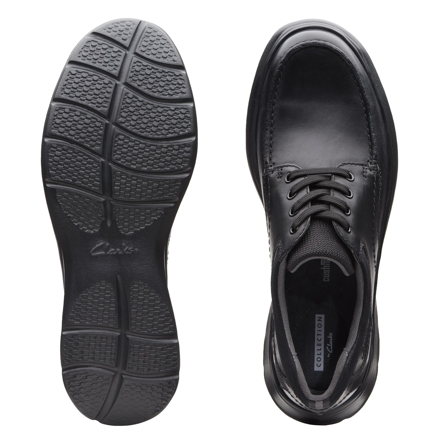 Chaussures décontractées pour hommes de la marque Clarks, modèle Cotrell Edge Black Smooth Lea, en noir.