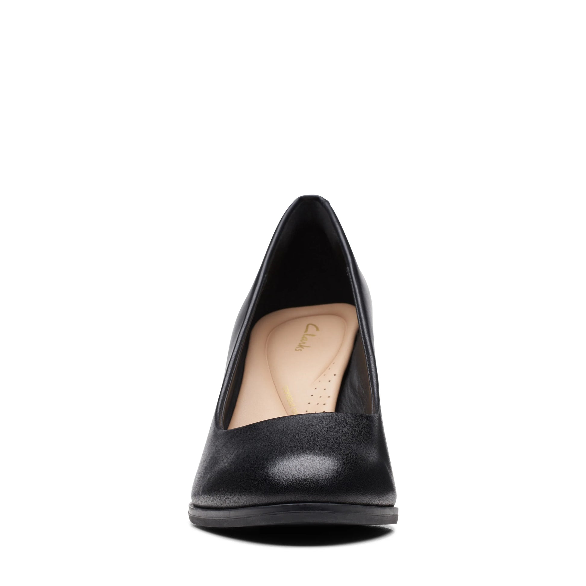 Clarks のレディース ドレスシューズ、モデル Freva85 Court Black Leather、ブラック。
