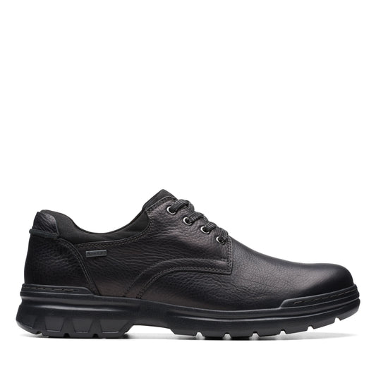 CLARKSのメンズカジュアルシューズ、ロッキーウォーク GTX ブラックレザーモデル、ブラック。