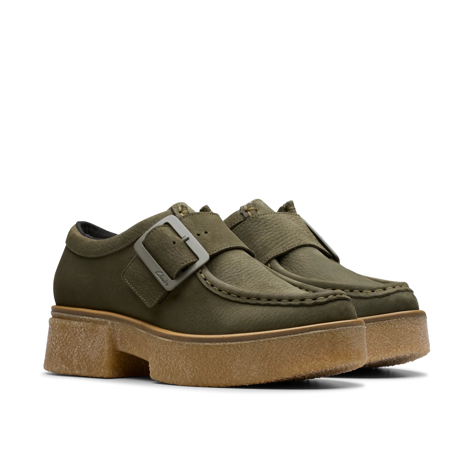 CLARKSブランドのレディースカジュアルシューズ、リノソモンクダークグリーンナブモデル(グリーン)。