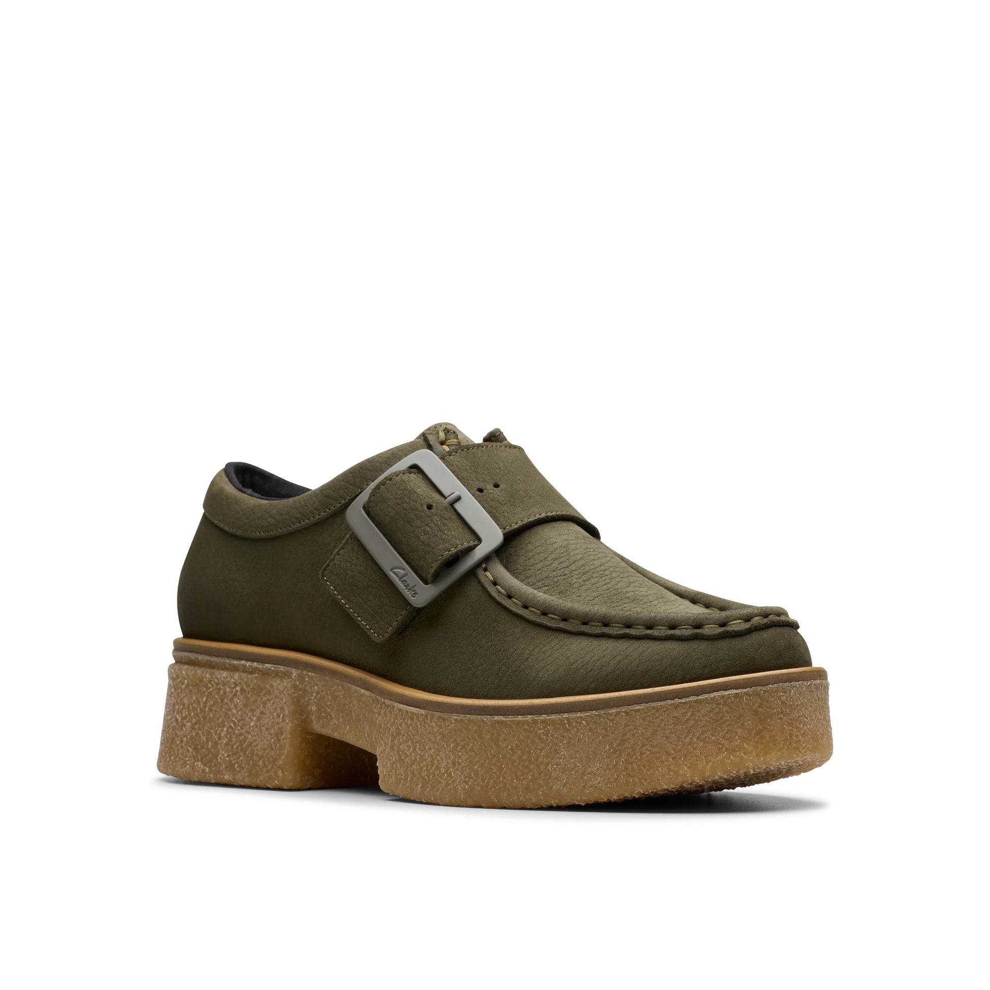 CLARKSブランドのレディースカジュアルシューズ、リノソモンクダークグリーンナブモデル(グリーン)。