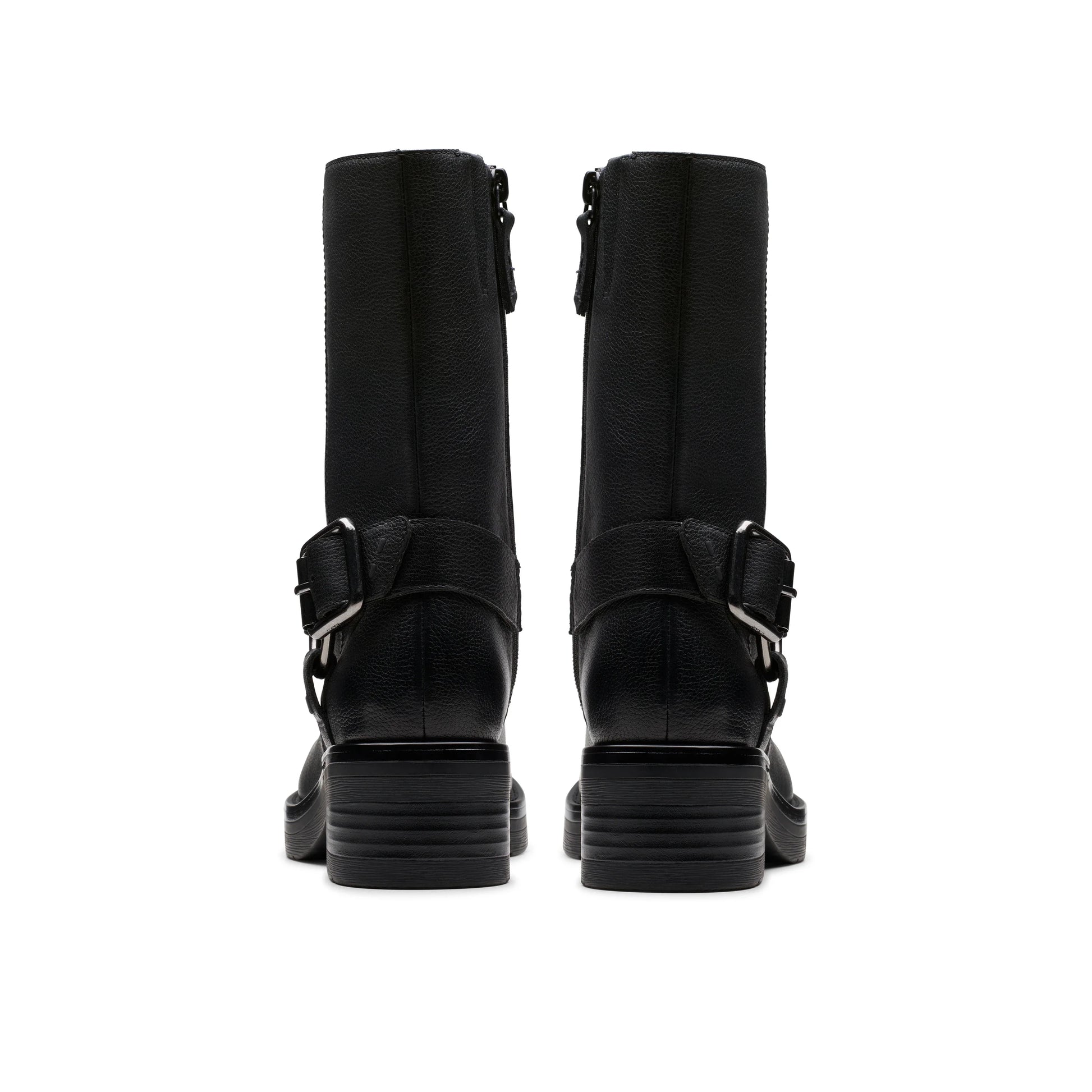 Bottes pour femme de la marque Clarks, modèle Rebelle Up en cuir noir de couleur noire.