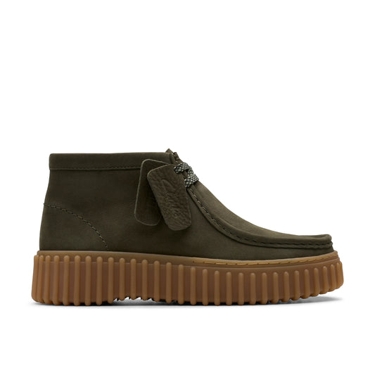 Чоботи жіночі від бренду Clarks, модель Torhill Moss Dark Green Nub зеленого кольору.