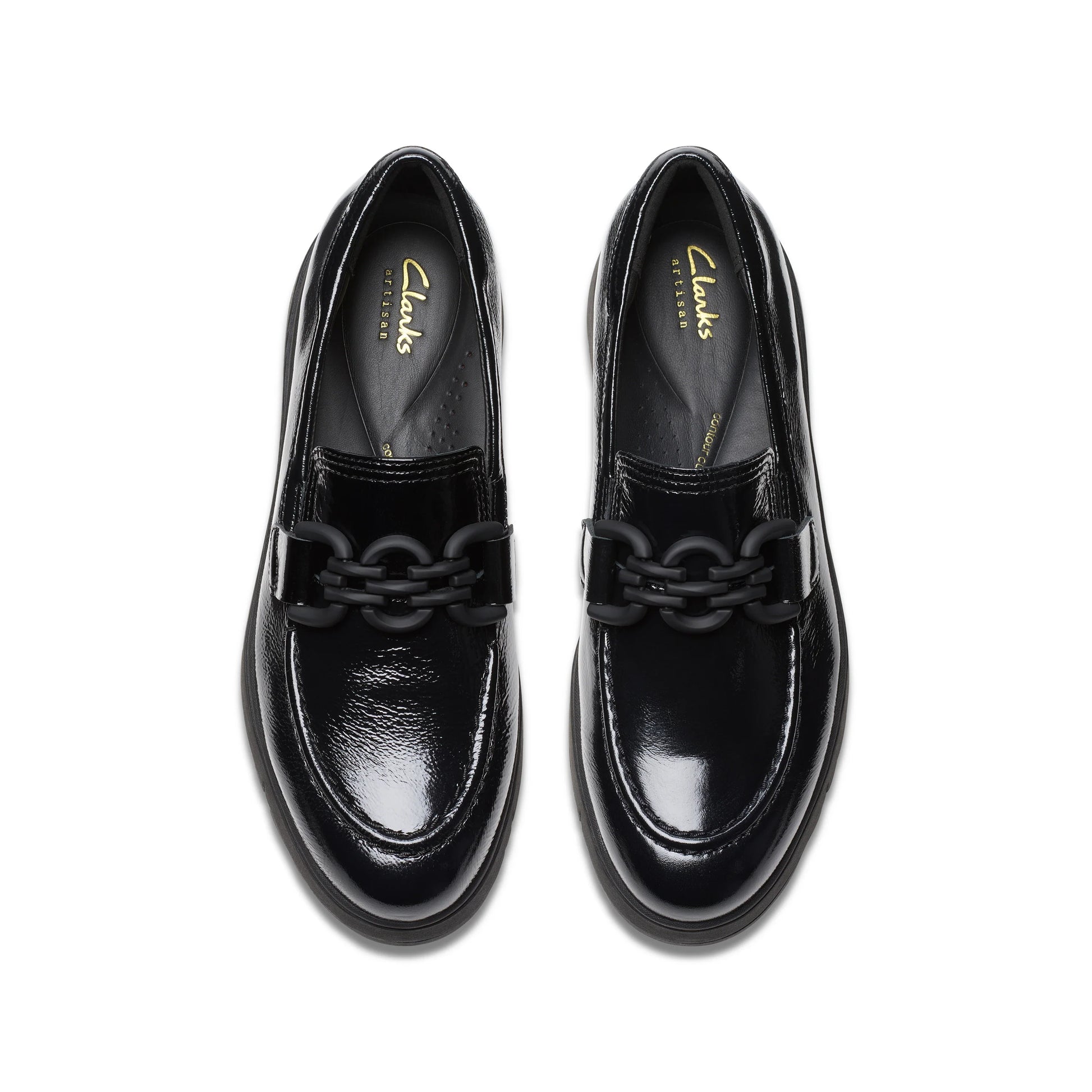 Chaussures décontractées pour femmes Clarks, modèle Loriini Izzy Black Pat, en noir.