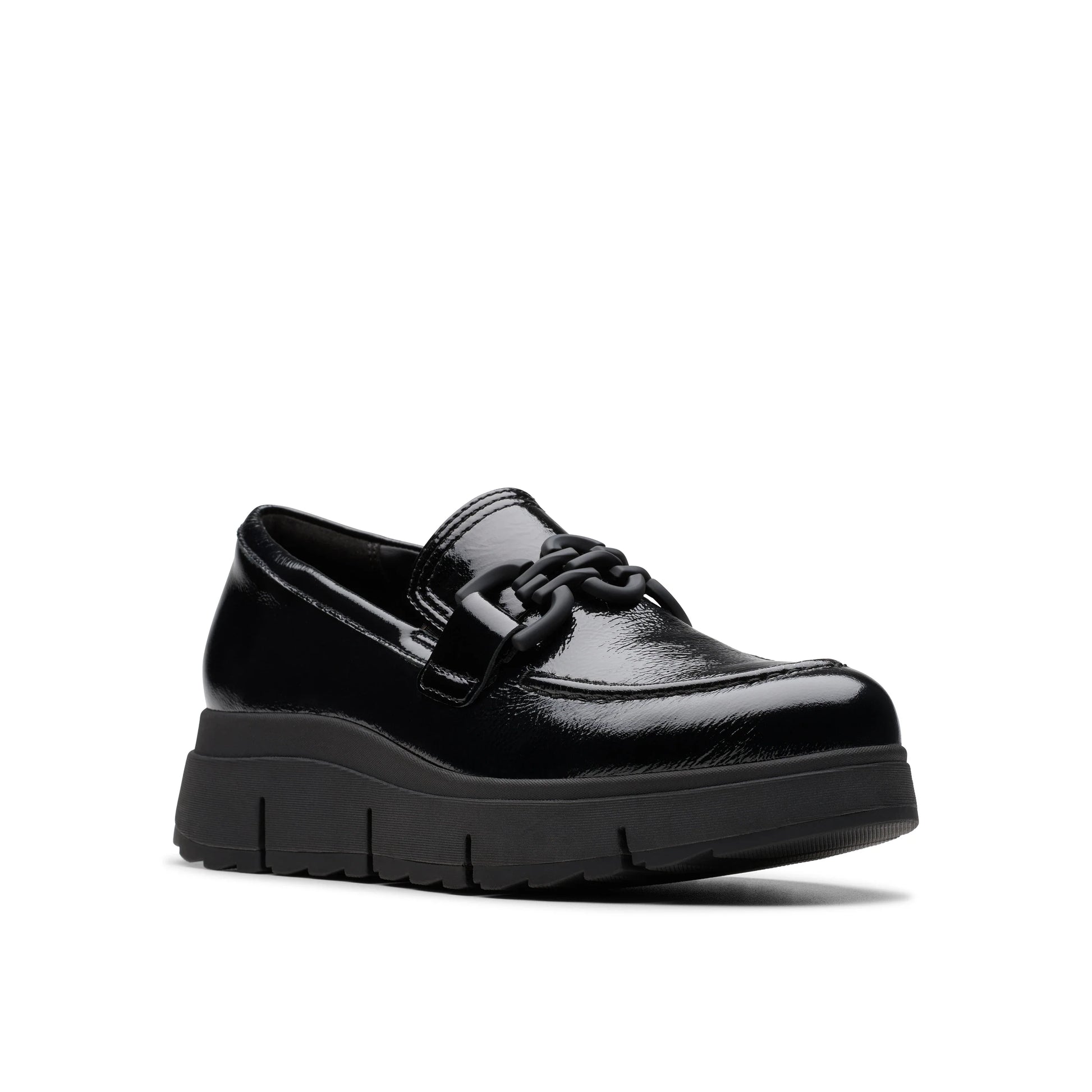 Chaussures décontractées pour femmes Clarks, modèle Loriini Izzy Black Pat, en noir.