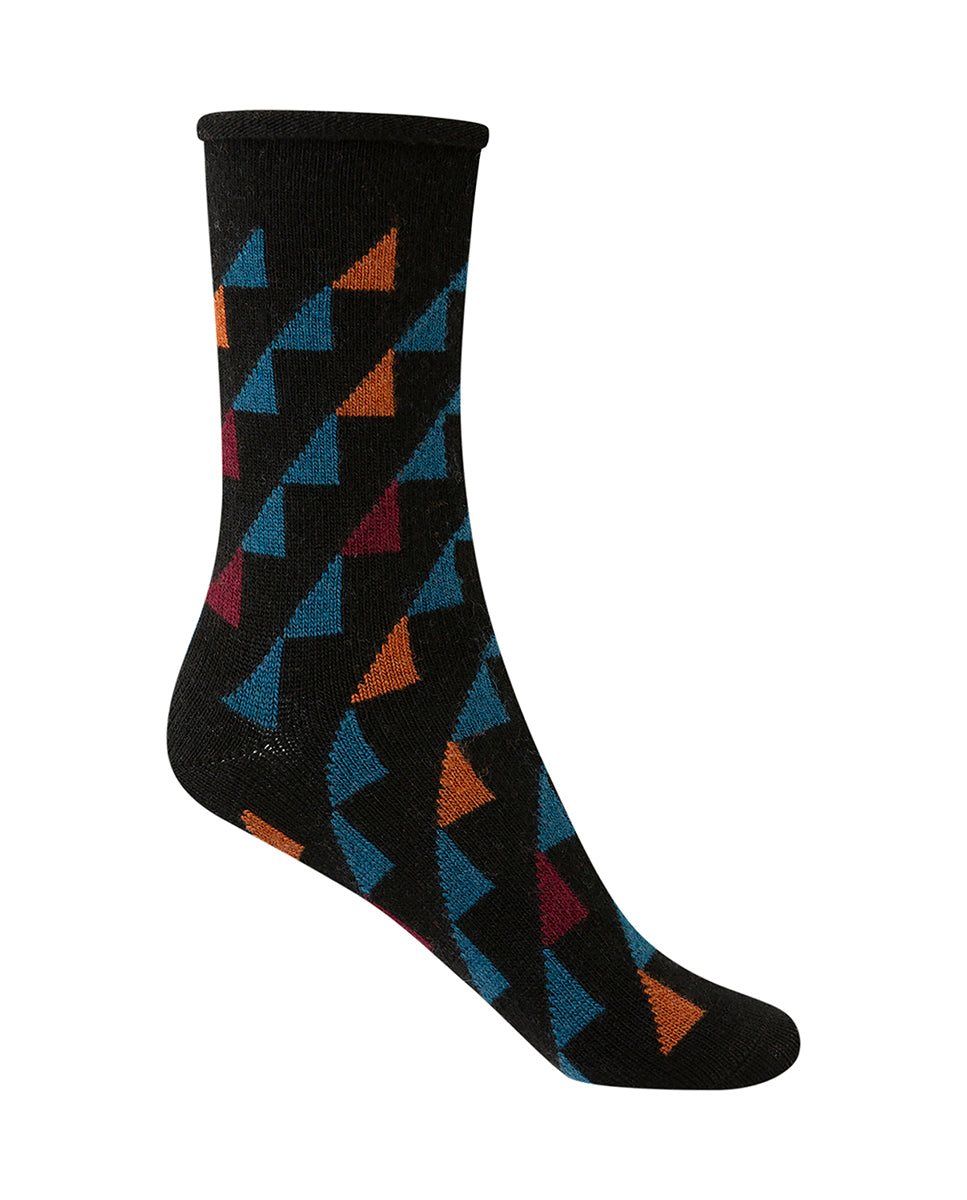 WEISSER STRICK | DAMENSOCKEN | KASCHMIRWOLLE MIT GEOMETRISCHEN FIGUREN | MEHRFARBIG