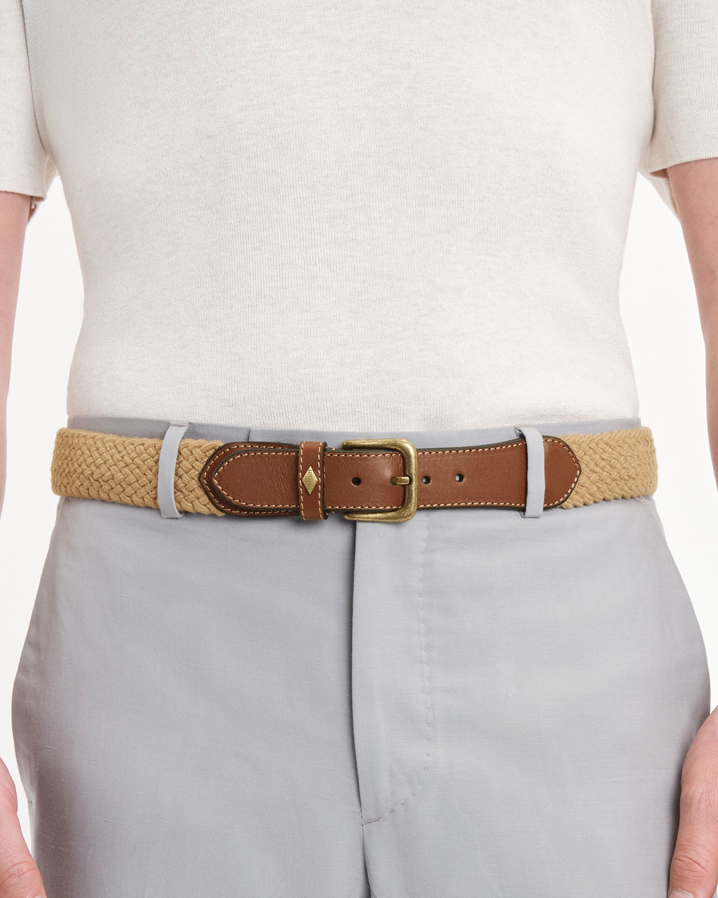 LOTTUSSE | BELT | MEN'S | BRAIDED BEIGE ELASTIC TUBULAR COW LEATHER | BEIGE