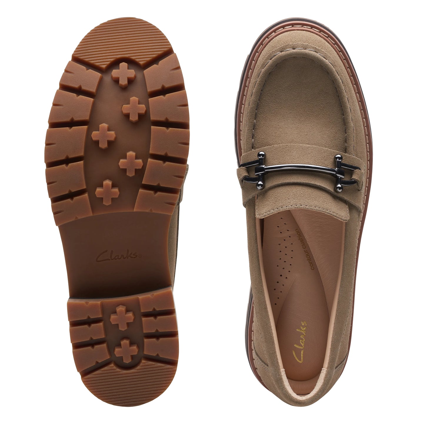 Zapatos Casual De La Marca Clarks Para Mujer Modelo Orianna Bit Dark Sand Suede En Color Beige