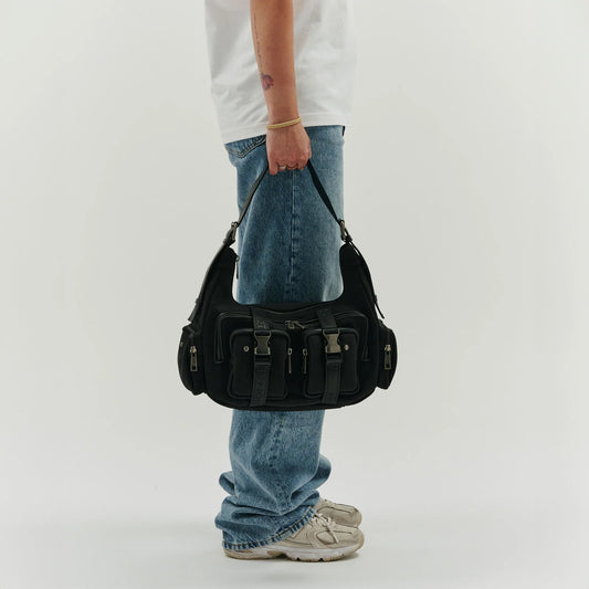 NUNOO | WOMEN'S BAG | SALLY BUCKLE SCUBA BLACK W ANTIQUE SILVER | BLACK