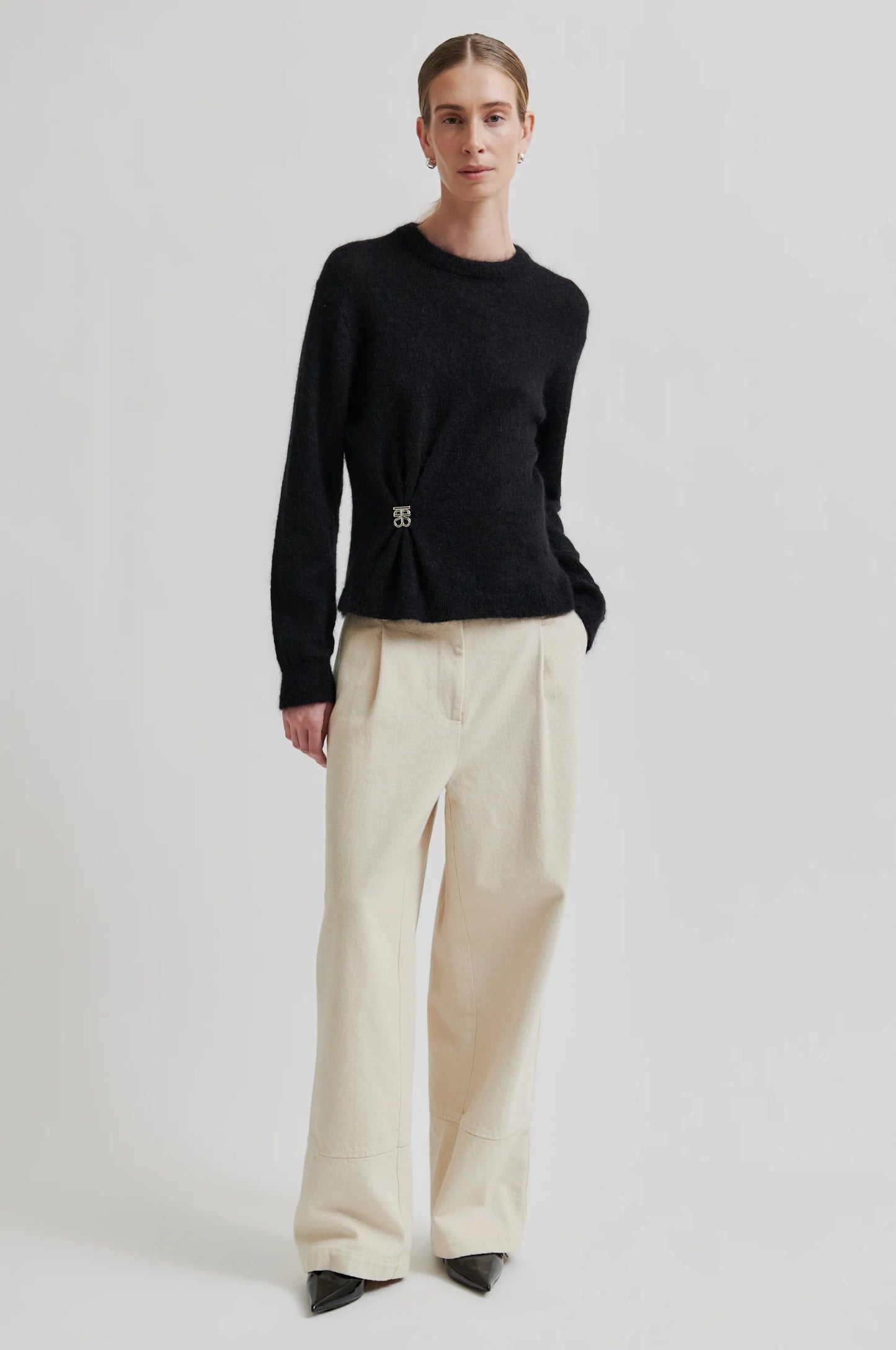 SECOND FEMALE | JERSEYS | MUJER | SOLVEJ KNIT O-NECK BLACK | NEGRO