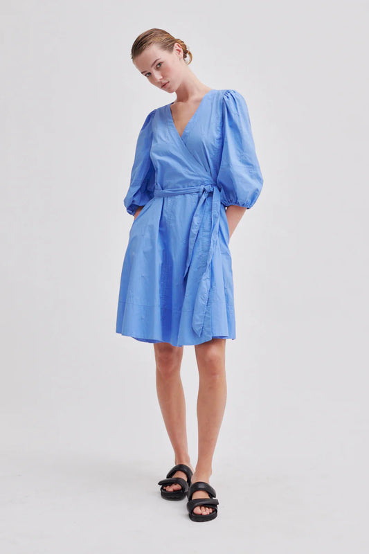 SECOND FEMME | ROBE FEMME | ROBE PORTEFEUILLE BRODÉE RICAMO | BLEU