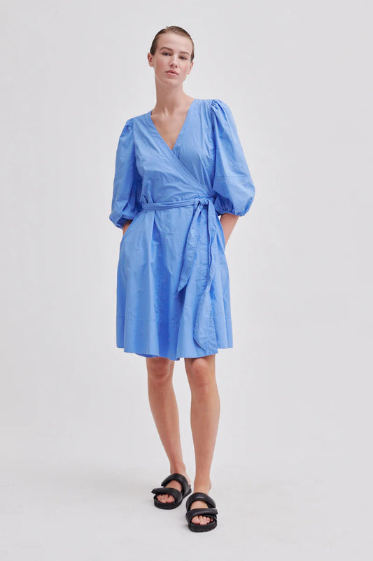 SECOND FEMME | ROBE FEMME | ROBE PORTEFEUILLE BRODÉE RICAMO | BLEU