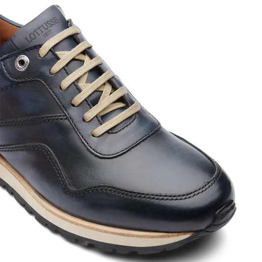 Baskets homme Lottusse, modèle Tokyo, bleu marine, cuir de vache brossé, bleu
