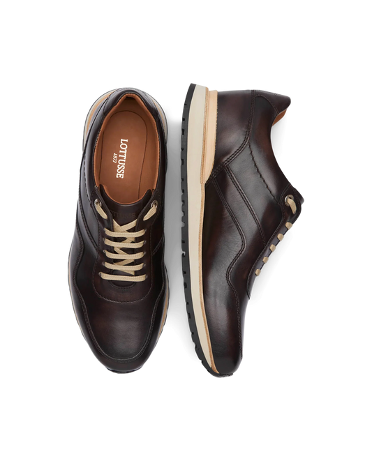 Baskets habillées Lottusse pour homme, modèle Tokyo Moka, en cuir de vachette brossé marron