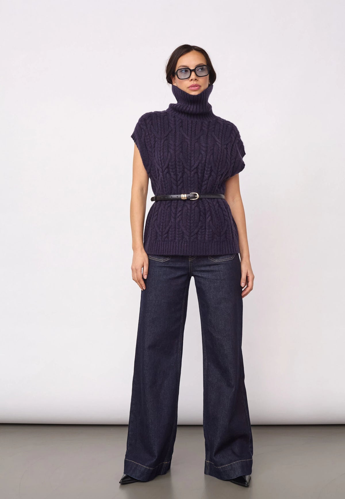 COCOUTURE 32222 Rowcc Oversize Cable KNIT VEST NAVY: ブルー ニット レディース