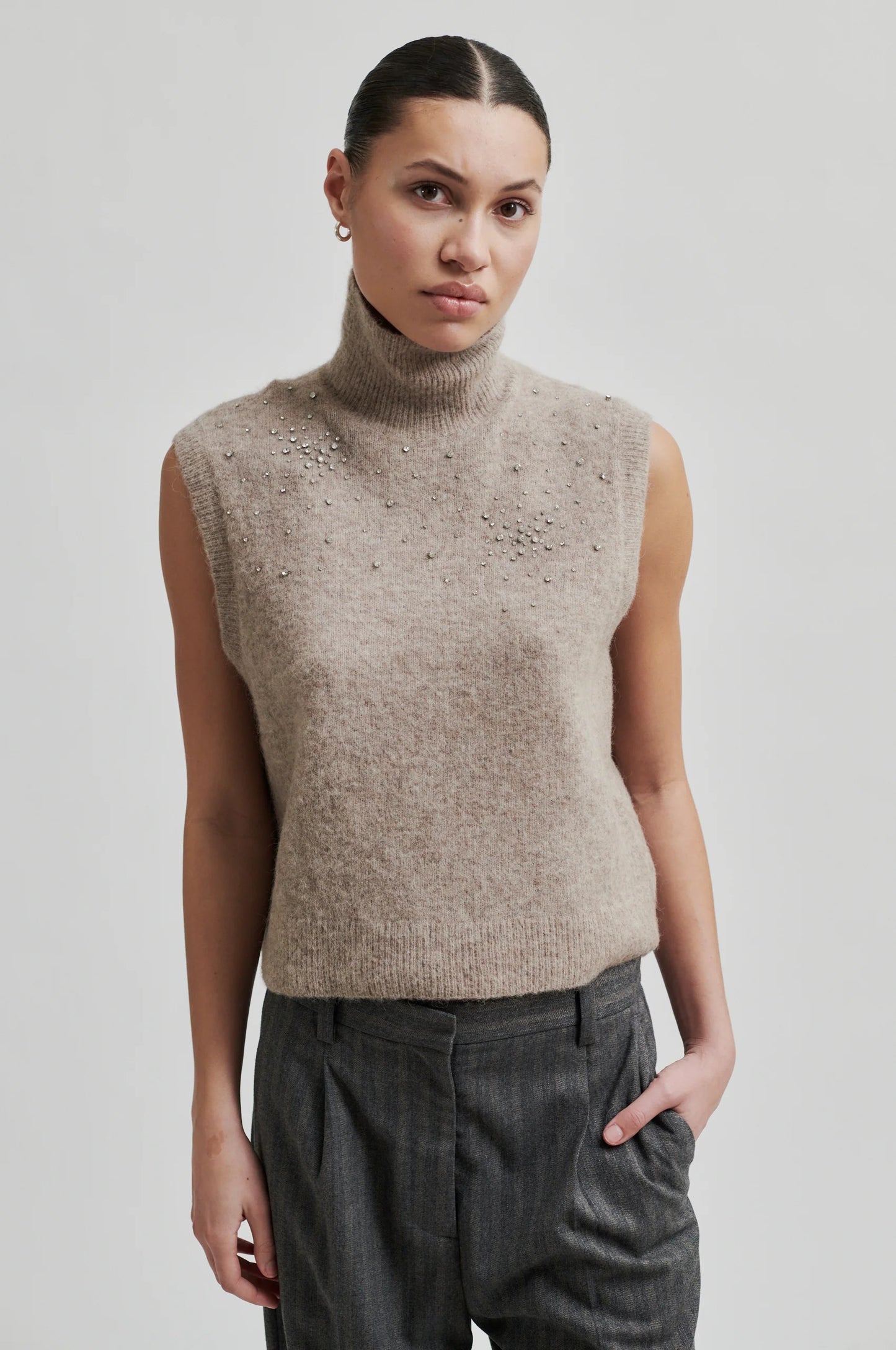 SECOND FEMALE | JERSEY MUJER | SPARKLING KNIT VEST ROASTED CASHEW | BEIGE