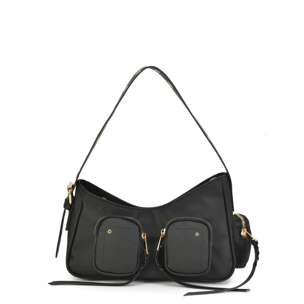 NUNOO | महिलाओं के लिए कंधे का बैग | JENNIFER POCKET BAMBOO BLACK W. GOLD BLACK | काला