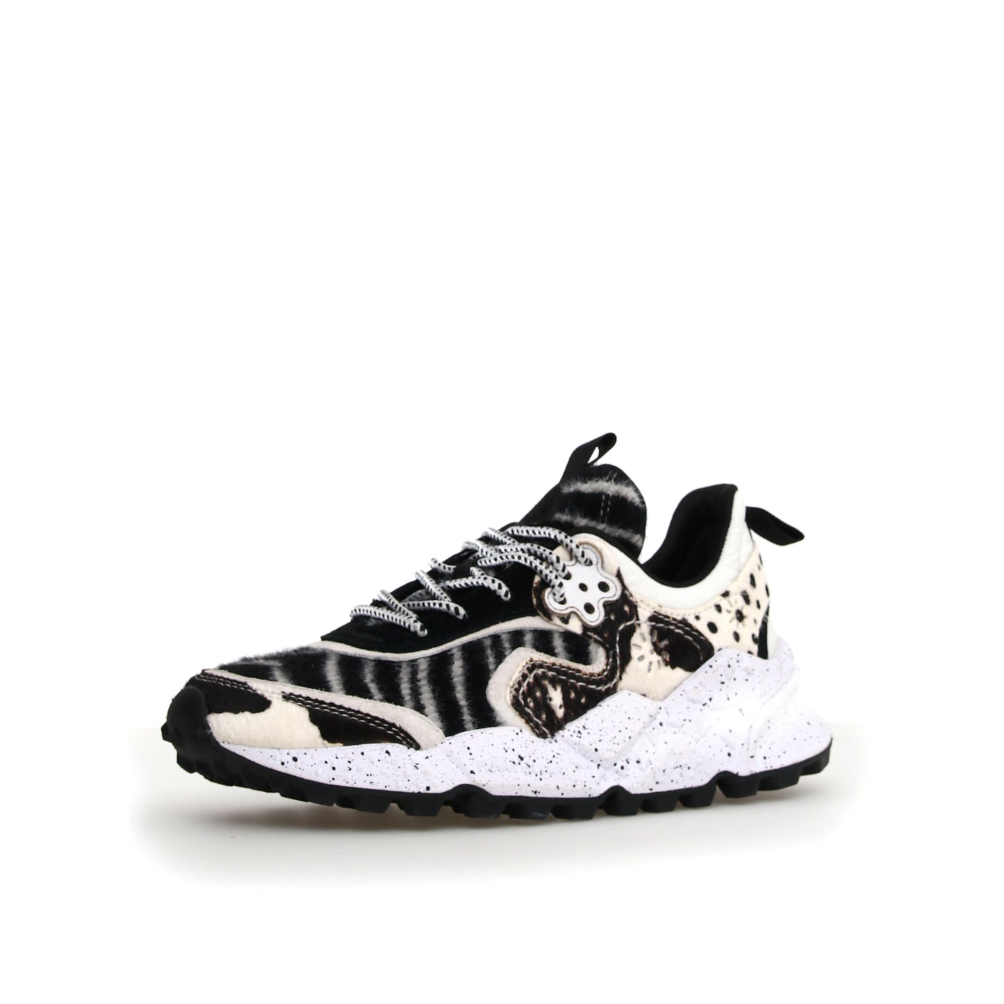 FLOWER MOUNTAIN | SNEAKERS MUJER | KOTETSU WOMAN SUEDE/PONY HAIR/FLYING KNITTING WHITE-BLACK | BLANCO