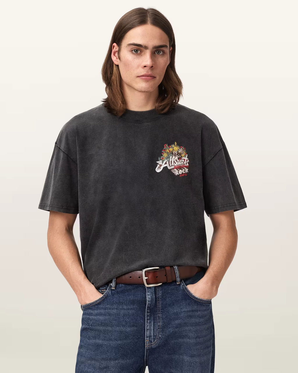 ALL SAINTS Roque SS CREW Washed Black: чорний футболка для чоловіків