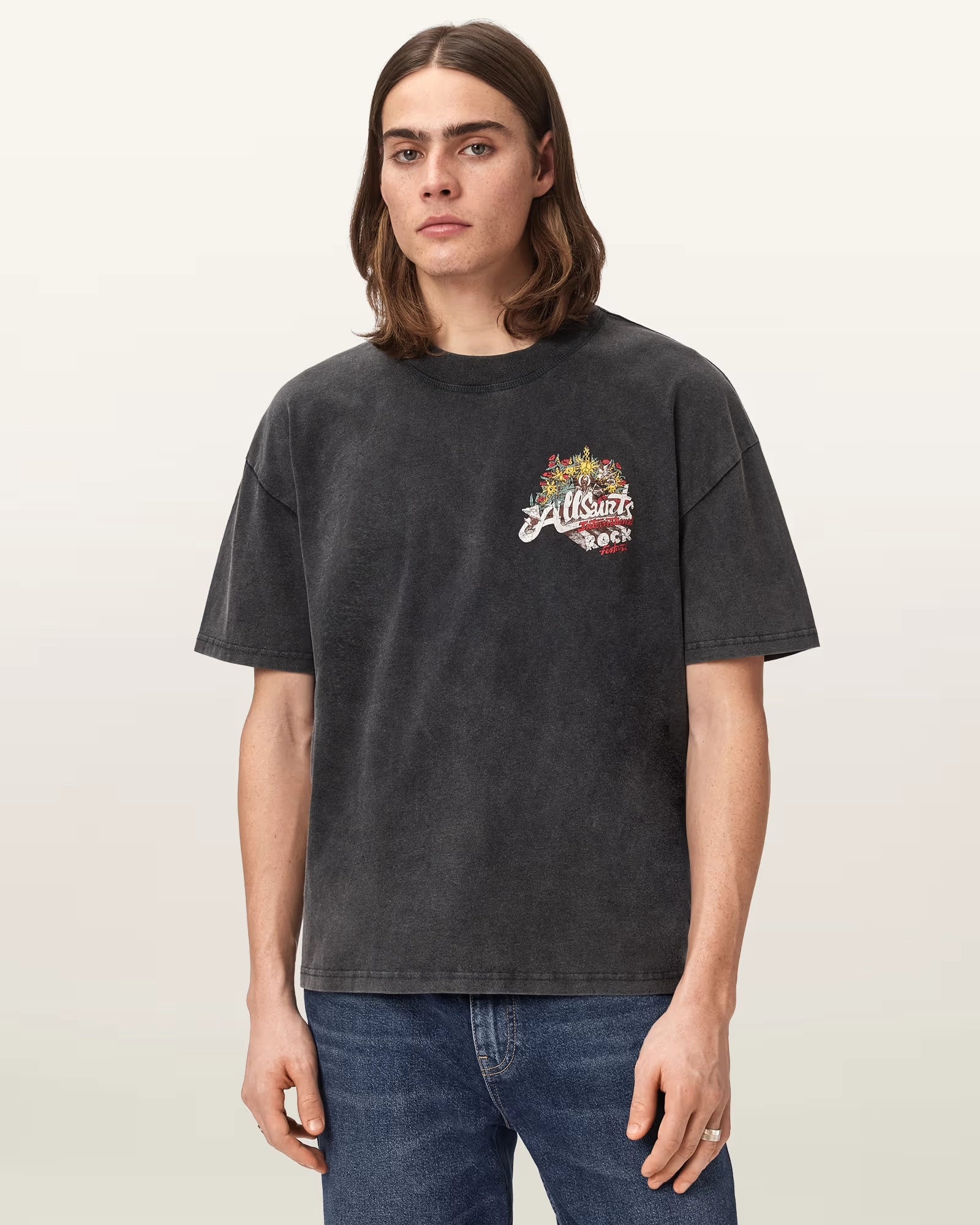 ALL SAINTS Roque SS CREW Washed Black: чорний футболка для чоловіків