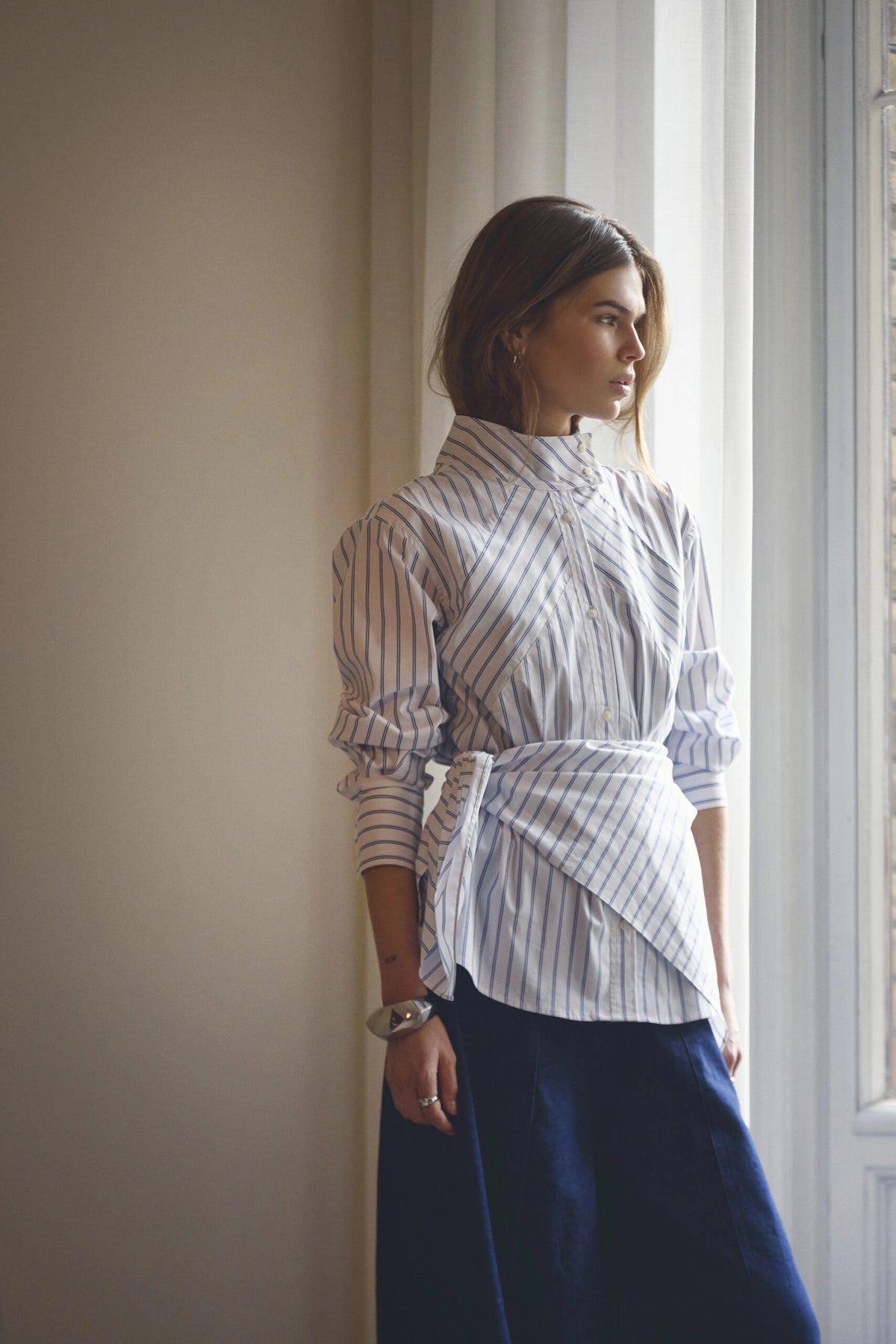 COCOUTURE Somocc Stripe Funnel NECK White: vit camisas för dam