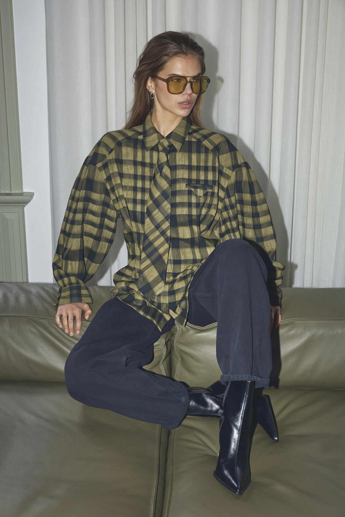 COCOUTURE Kyelcc Check TIE Pleat ARMY: グリーン camisas レディース