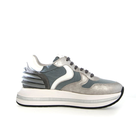 VOILE BLANCHE | SNEAKERS MUJER | MERRY POWER CRACKED METAL LEATHER/NYLON DEEP SILVER GREY | PLATEADO