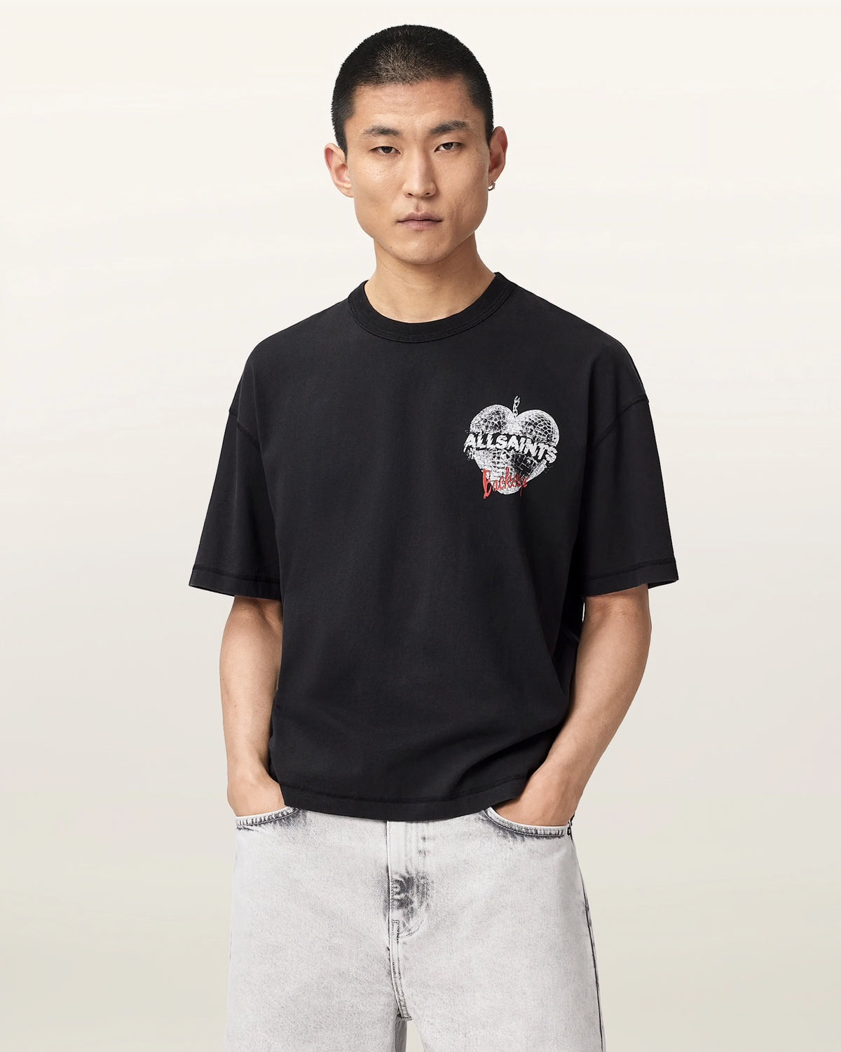 ALL SAINTS Reflect SS CREW Washed Black: أسود تيشيرت للرجال