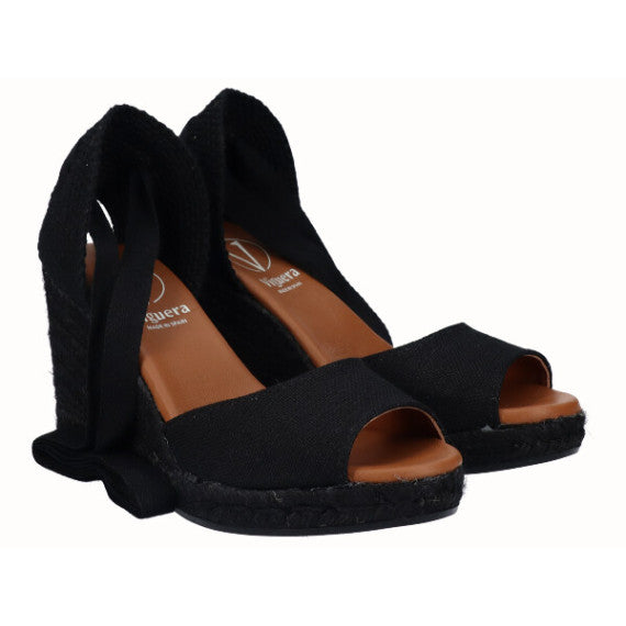 VIGUERA | Espadrillas da donna | Zeppa alta in iuta nera con nastri | Nero