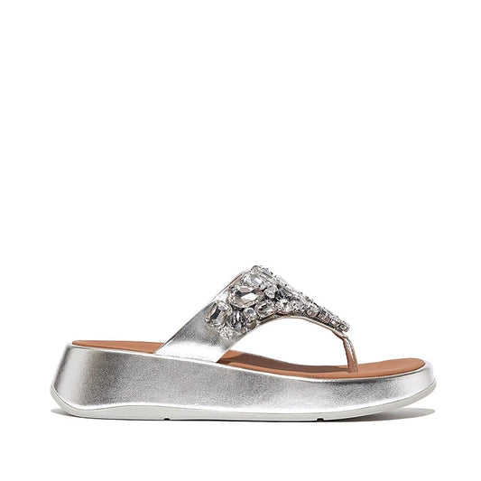 FITFLOP | WOMEN'S SANDALS | F MODE JEWEL DELUXE M/LEATHER FLATFORM TOE THONGS SILVER | SILVER