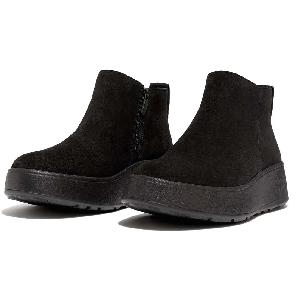 FITFLOP | KOZAKI DAMSKIE | W F MODE ZAMSZOWE BUTY DO KOSTKI NA PLATFORMIE Z ZAMKIEM, CAŁE CZARNE | CZARNE