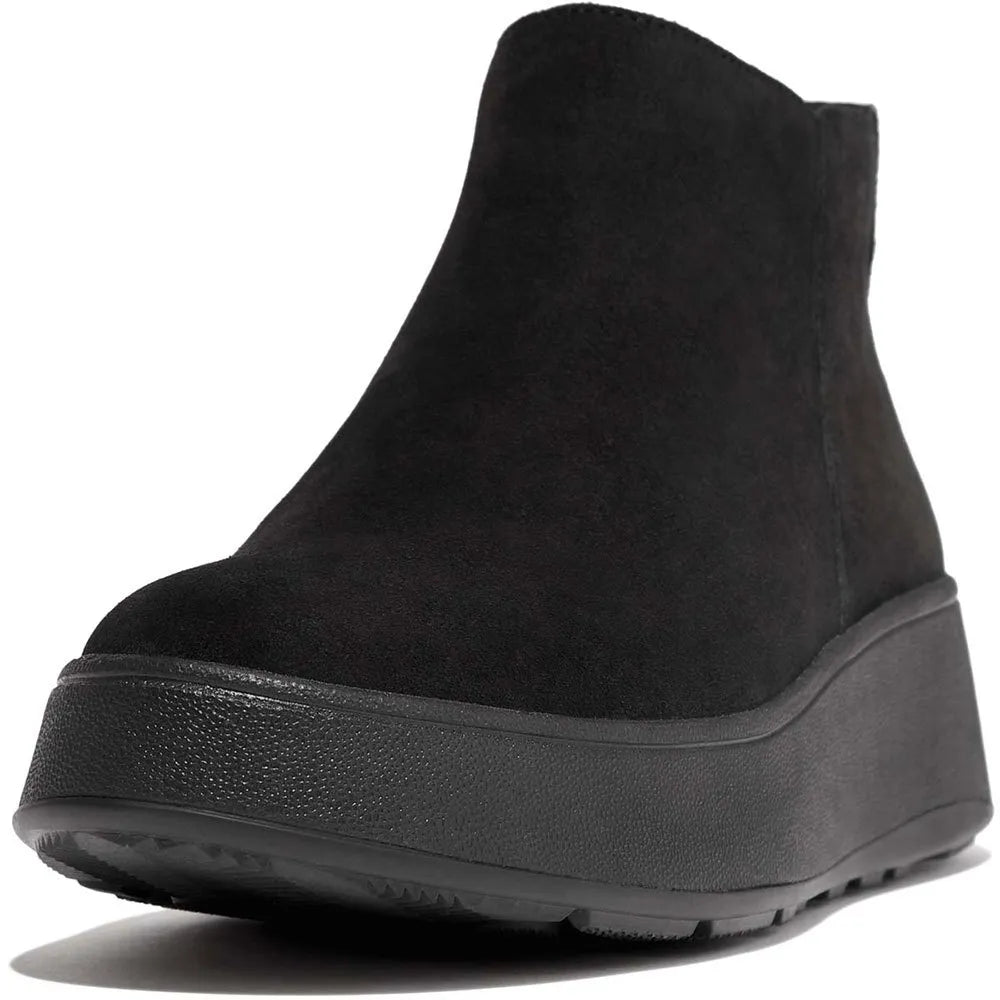 FITFLOP | KOZAKI DAMSKIE | W F MODE ZAMSZOWE BUTY DO KOSTKI NA PLATFORMIE Z ZAMKIEM, CAŁE CZARNE | CZARNE