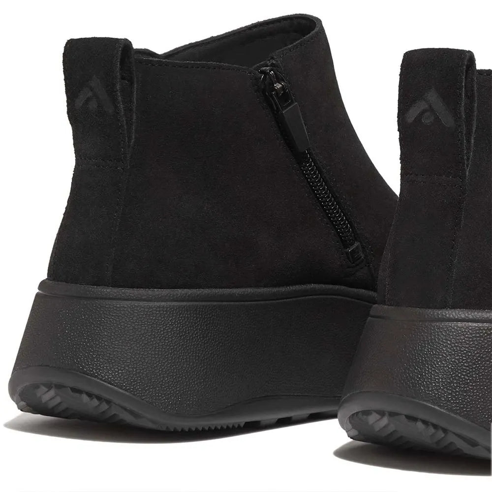 FITFLOP | KOZAKI DAMSKIE | W F MODE ZAMSZOWE BUTY DO KOSTKI NA PLATFORMIE Z ZAMKIEM, CAŁE CZARNE | CZARNE