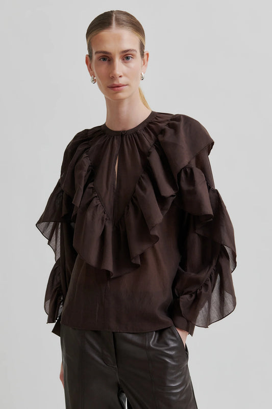 SECOND FEMALE | BLUSAS | MUJER | FRIA FRILL BLOUSE CHOCOLATE PLUM | MARRÓN