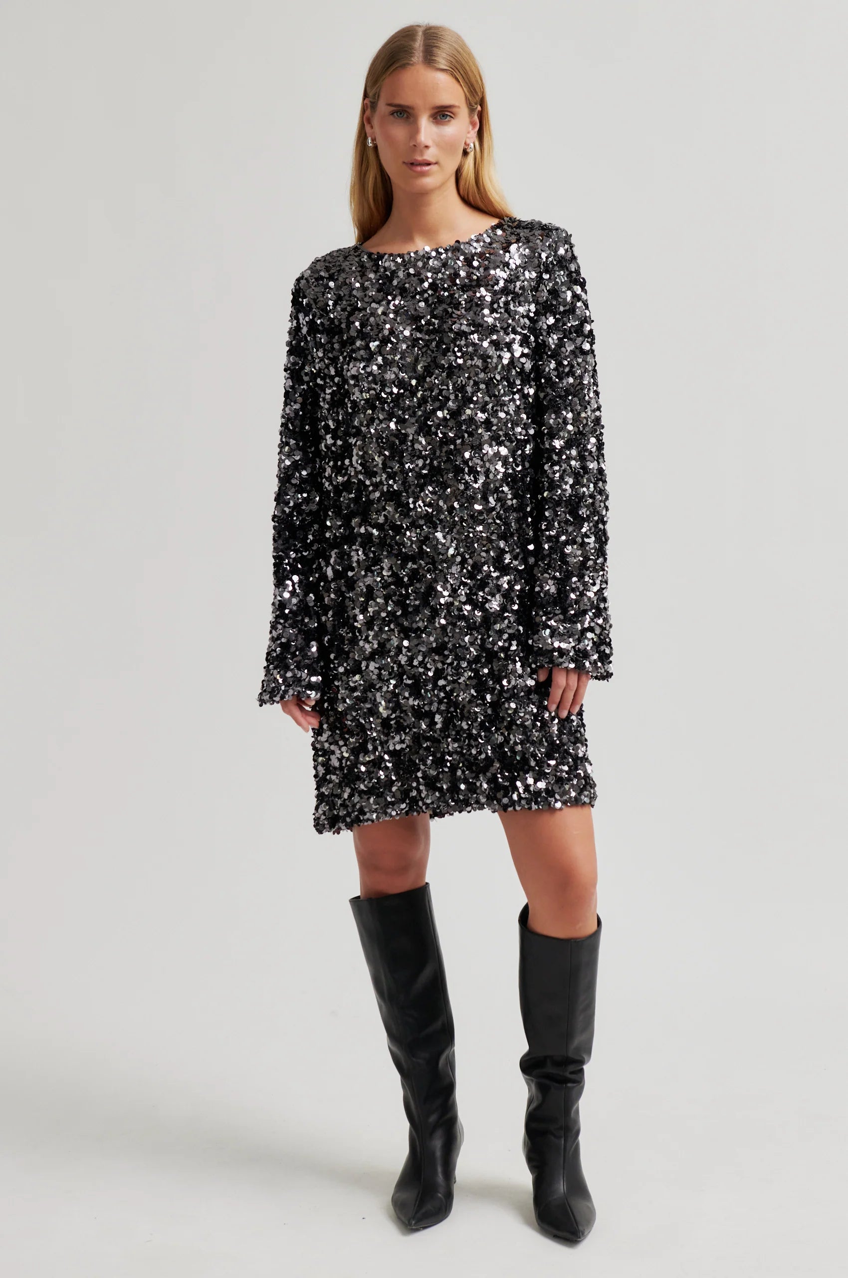 SECOND FEMALE | DRESS | WOMAN | SHINY MINI DRESS GUNGREY METAL | GREY